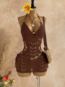 Soleia Holiday Party Dress Women's Halter Tie Waist Hollow Out Drawstring Design Fashion Party Knitted Mini Dress