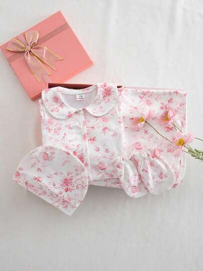 Newborn Baby Pajamas-3 Piece Pajama Set Floral Sleepwear Set Pink And White Peter Pan Collar Round Neck Long Sleeve Long Pants Dress Option Hat Booties Gentle Stretchy Cozy Loungewear Baby Outfit Four Seasons Holiday Essential 2026 Gift Box Elegant Classic