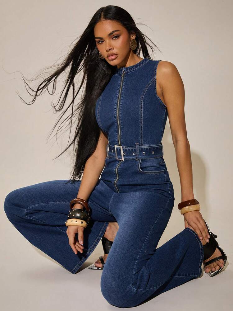 SHEIN BAE 女士时尚通勤无袖系带牛仔连体裤 - 中等水洗藍 - 查看 1