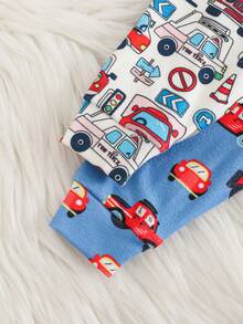 Cozy Pixies Bộ đồ ngủ 4 món ôm sát cho bé trai/bé gái sơ sinh, áo len cổ tròn dài tay mềm mại họa tiết ô tô hoạt hình và quần dài cạp chun - Nhiều màu - Xem 8