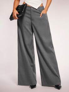 Radiana Women's Minimalist Fashion Dark Grey Low Waist Loose Wide Leg Suit Pants, Commuter Pants, Low Waist Trousers, Low Waist Suit Pants, Grey Suit Pants, Grey Wide Leg Pants, Grey Trousers, Woven Fabric Casual Pants - Dark Grey - View 4