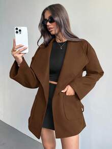 Aloruh Women's Long Sleeve Twist Waist Design Asymmetric Hem Fashionable Versatile Wool Blend Coat, Autumn/Winter - Brown - View 8