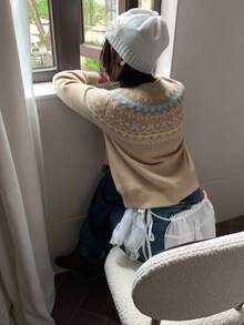 DAZY 女士圆领韩版撞色装饰爱心开衫 - 杏色 - 查看 2