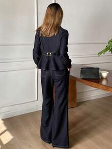 DAZY 女士翻领收腰长袖明线装饰开衫牛仔外套和喇叭裤优雅牛仔套装 - 深色水洗藍 - 查看 5