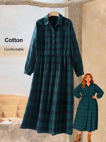 Rusticease Plus Size Women Plaid Long Sleeve Button Down Leisure Shirt Dress For Fall,  Women Clothes,Spring/Summer/Vacation - Green - View 1