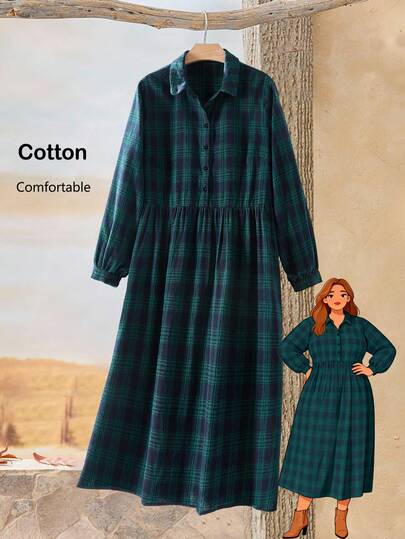 Rusticease 大码女式格子长袖纽扣休闲衬衫裙，适合秋冬季节穿着