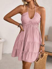 EMERY ROSE 女士春夏单竹结亚麻度假沙滩连衣裙，波西米亚西部风褶皱胸部多层蛋糕裙A字露背可调节挂脖蝴蝶结连衣裙 - 淺粉色 - 查看 5