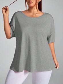 SHEIN Sports 大码女式纯色简约日常穿搭露背短袖T恤 - 淺灰色 - 查看 3