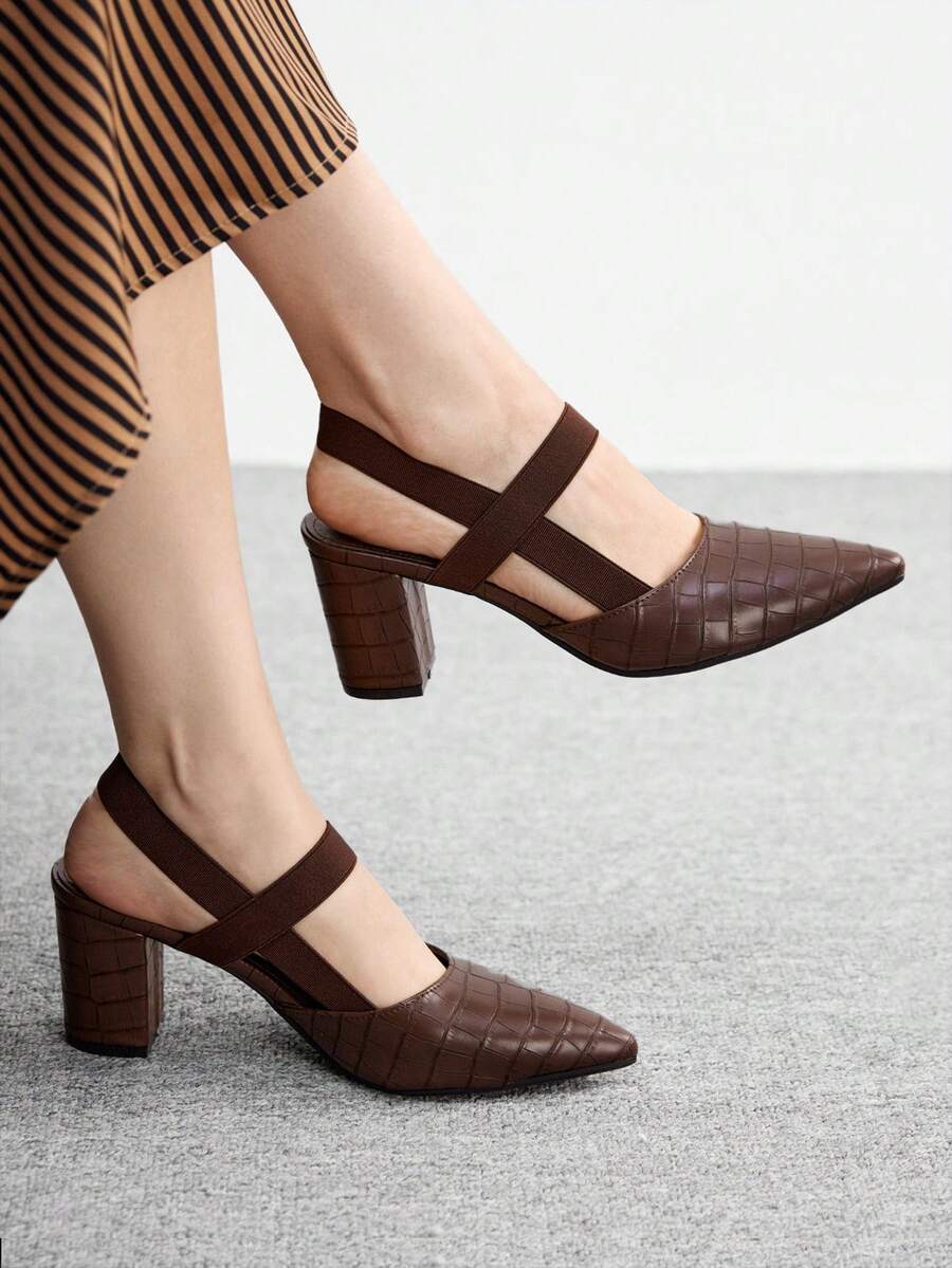 CUCCOO BIZCHIC 女士时尚咖啡色压纹舒适弹力带尖头粗跟高跟鞋，适合通勤、度假和日常穿着 - 咖啡棕 - 查看 1