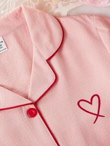 SHEIN 2件套女童珊瑚粉樱桃刺绣休闲宽松长裤和短袖上衣睡衣套装 - 珊瑚粉 - 查看 6