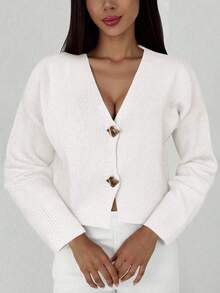 Aloruh New Simple And Fashionable Office Commuting Deep V Neck Long Sleeve Slim Button Cardigan, Versatile Casual Knitted Sweater In Fall/Winter - White - View 5