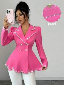 SHEIN Elenzya Lightweight Luxury Beaded Waist Pink Long Sleeve Blazer Jacket For Women, Autumn