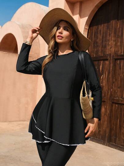 Swim Shayni Plus Size Women Conservative Solid Color Ruffle Trim Burkini Swimsuit, Suitable For Summer Beach Vacation, Black Long Sleeve Dress, Black Casual Dress,Swimsuits For Curvy Women