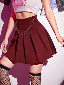 ROMWE Grunge Punk 女士纯色褶皱休闲链条装饰迷你裙 - 酒紅色 - 查看 4