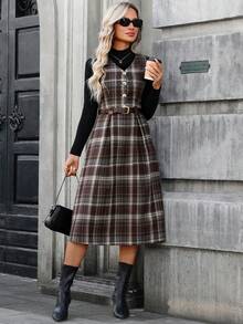 SHEIN LUNE Brown Plaid Cinched Waist Mid-Length Sleeveless Casual Dress For Women Dresses For Women Plaid Skirt Casual Dress For Women Casual Long Dress Casual Outfit For Women,Casual - Multicolor - View 7