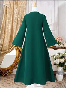 SHEIN Áo choàng xanh lá cây thanh lịch, trang nhã, váy Abaya ôm vừa vặn, thoải mái cho bé gái tuổi teen, Trung Đông - Màu xanh lá cây đậm - Xem 2