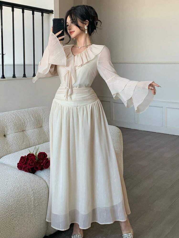 Solid Ruffle Trim Flounce Sleeve Top & Skirt