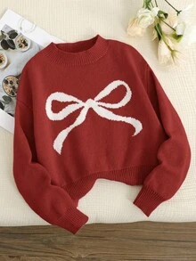SHEIN 少女可爱休闲撞色白色蝴蝶结圆领长袖短款毛衣上衣，适合春、秋、冬，清新少女风，春节、情人节皆宜。 - 紅色 - 查看 3