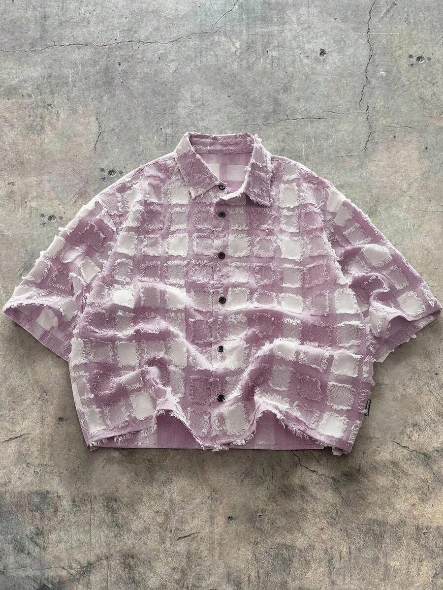 AXEPEAK Camisa corta de manga corta tejida a cuadros para hombres, adecuada para el verano - Púrpura malva - Ver 1