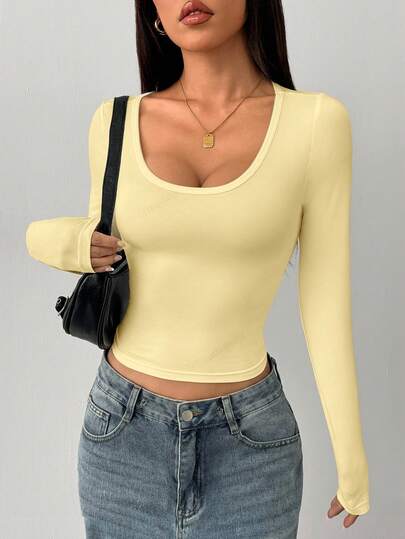 SHEIN PETITE Women's Casual Minimalist Crew Neck Yellow Tight Fit Basic Long Sleeve T-Shirt, Summer & Autumn/Winter