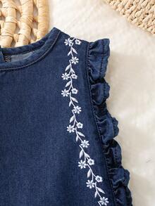 Vintaside Kids 少女乡村风牛仔两件套：蓝色水洗荷叶边无袖上衣和刺绣阔腿裤