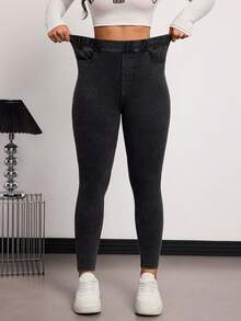 SHEIN Tall Winter Summer Women's Casual Skinny Fit Jeans, Street Fashion Comfortable Stretch Knit Black Washed Denim Jeans - Black - View 4