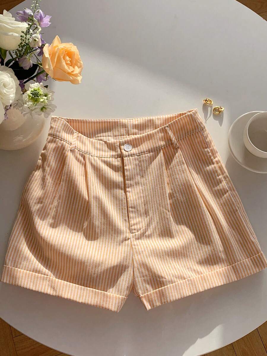 SHEIN EZwear 女士休闲条纹卷边短裤，夏季 - 黃色 - 查看 1