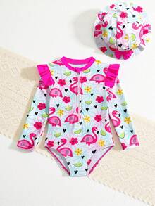 Baby Girls 1-Piece Swimsuit With Hat,Fuchsia Bow & Flamingo Print Long Sleeve Rash Guard Bathing Suit,Summer Holiday Beach Pool Swimwear For 12 Month - Pink - View 8