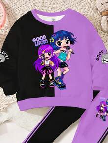 SHEIN K-Pop系列，街头风撞色紫色和黑色，K-POP卡通女孩（），少女休闲简约柔软舒适圆领长袖卫衣和打底裤两件套，适合日常穿着 - 彩色 - 查看 5