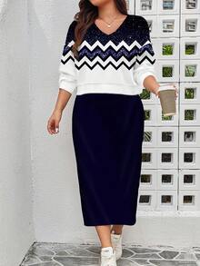 EMERY ROSE Plus Size Women Casual Color Block Sweatshirt Dress 2 Pieces Set, Autumn/Winter - Royal Blue - View 5