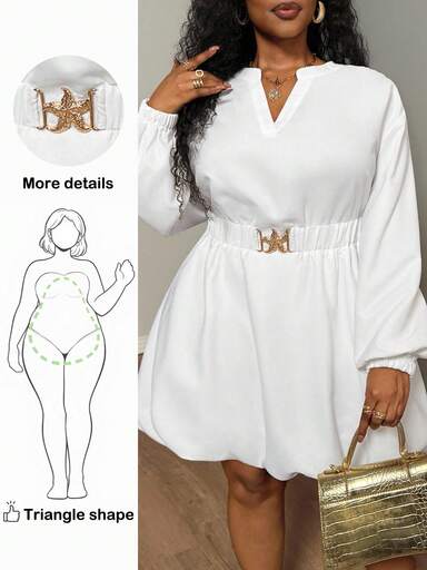 Truni __theloveshegives Plus Size Damska Mini Sukienka, Biała Sukienka z Długim Rękawem i Marszczonym Udołem, Metalowe Guziki, Dla Sylwetki Trójkąta Gruszki