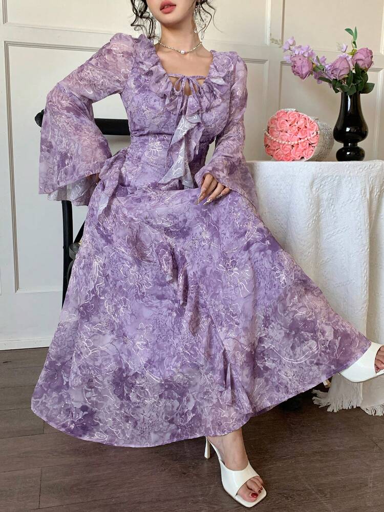 Women's Floral Print Patchwork Ruffle Hem Flare Sleeve Elegant Dress Maxi Dress Sundress