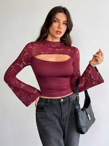 SHEIN Tall Women's Sexy And Elegant Fall Clothes For Women Wine Red Lace Patchwork Slim Fit Hollow Out Long Sleeve Women T-Shirt,Fall Outfits Women,Homecoming Top Women,Burgundy Tops - Burgundy - View 11