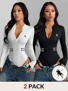 SHEIN PETITE 2pcs Women Casual Stand Collar Half Zip Front Skinny Bodysuit Set, Ribbed Fabric, Riding Horse Logo Print Autumn And Winter - Multicolor - View 1