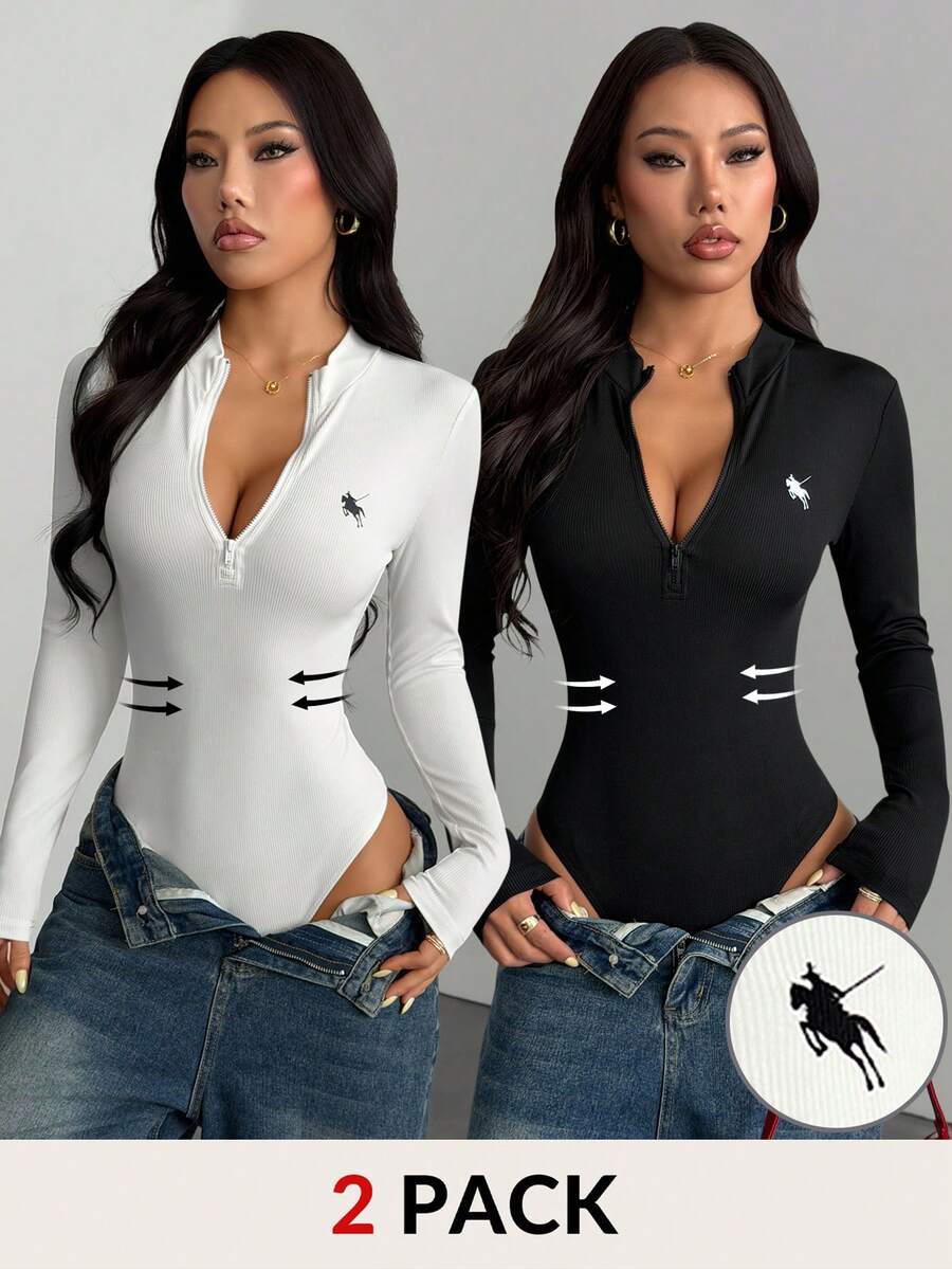 SHEIN PETITE 2pcs Women Casual Stand Collar Half Zip Front Skinny Bodysuit Set, Ribbed Fabric, Riding Horse Logo Print Autumn And Winter - Multicolor - View 1