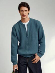 RONVEXI Men's Solid Color Long Sleeve Casual Zip-Up Knit Cardigan, Autumn/Winter - Dusty Blue - View 4