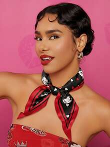 Betty Boop x SHEIN Stylish Sweet Black Smooth Soft Satin Rhombus Headband Polka Dot Headscarf Silk Scarf, Suitable For Hair Styling With Gifts Outdoor Travel, Love, Love, Kiss,Gift Ideas,Party,Holiday,Valentine's Day - Multicolor - View 2