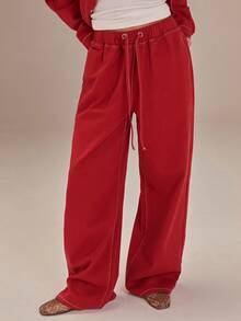 Athîral Women's Red Jeans, Denim Jacket, Red Trousers, Casual Style Trousers, Elastic Waistband, Loose Fit, Women's Christmas Outfits, New Year's Outfits, Women's Winter Outfits, Valentine's Day Outfits - Red - View 2