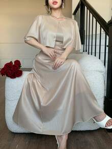 DAZY Women's Round Neck Shawl Collar Satin Elegant Dress - Apricot - View 9