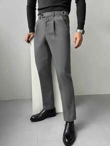 Calvornis Men's Black Suit Pants, Waistband Design, Business Casual Straight Leg Trousers - Dark Grey - View 4
