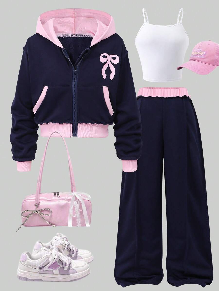 SHEIN Sparklyn Girls Outfit Sets,3pcs/Set Teen Girls Solid Color Thermal Lined Zip-Up Hoodie, Camisole And Wide Leg Pants Casual Outfit, Suitable For Daily Wear, Commuting And School,This Three-Piece Outfit For Teenage Girls Has A Casual And Sweet Style, Full Of Youthful Energy. The Top Is A Short Navy Blue Hooded Jacket, Featuring Pink Accents On The Lining, Cuffs, And Hem, With An Adorable Pink Bow Pattern On The Chest. The Inner Layer Is A Simple And Fresh White Cropped Camisole With Thin Straps. The Pants Are Loose-Fitting, Long, And Navy Blue, With A Pink Ruffled Elastic Waistband As A Cute Detail. The Whole Look Is Both Comfortable And Stylish, Making It Perfect For Everyday Casual Wear Or Outdoor Activities.