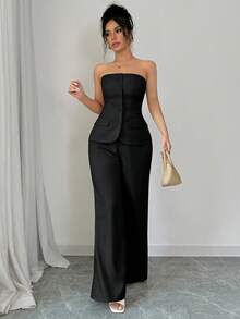 Selianne 女士纯色单排扣吊带背心和直筒裤套装，优雅 - 黑色 - 查看 6