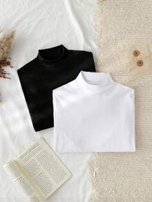 Tseoso 2pcs Women High Neck Tight Fit Long Sleeve Base Layer T-Shirt Set,White And Black,Winter,Casual,School,Back-To-School,95% Cotton Turtleneck Mock Tops - Multicolor - View 5