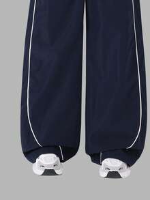 Teen GirlCasual Color Block Waistband, Contrast Trim Decor, Relaxed Fit Wide Leg Woven Pants, Fashionable Loose Casual Trousers, Valentine's Day