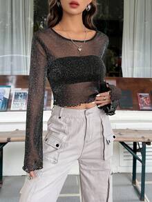 SHEIN EZwear Black Lettuce Trim Sheer Mesh Top Without Tube Top - Grey - View 4