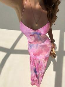 Aloruh 浪漫印花连衣裙，细肩带露背设计，适合约会、度假、春夏穿着。 - 紫色 - 查看 7