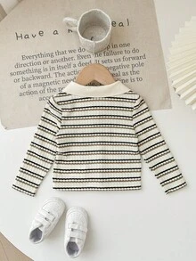 SHEIN Blusa de manga larga casual y versátil con cuello y rayas - Beis - Ver 2