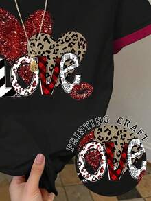 Resyla Women's Heart Pattern Round Neck Contrast Color Short Sleeve T-Shirt - Black - View 4