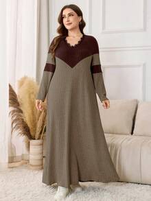 Lacomfia Plus Size Women V-Neck Fuzzy Contrast Color Knit Long Sleeve Eyelash Trim Casual Elegant Fashion Dress - Coffee Brown - View 4