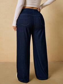 SHEIN Tall CURVE Zima Lato Plus Size Jednolity kolor Swobodne Wygodne Rozciągliwe Dzianiny Niebieskie Sprane Dżinsy Proste Nogawki - Ciemny jeans - Zobacz 3